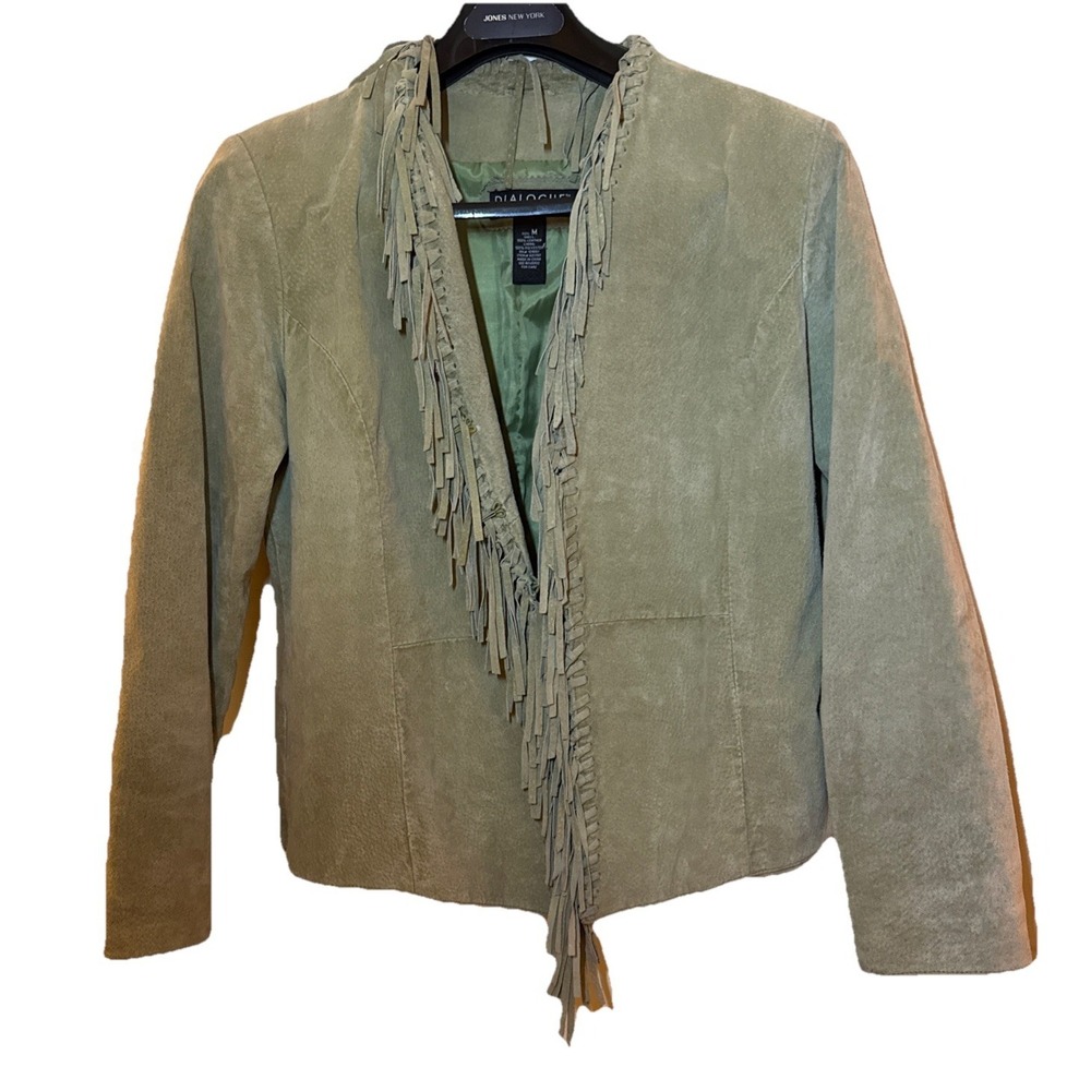 Vintage Suede Leather Jacket Fringe Sage Green Size M Western Boho Cowgirl